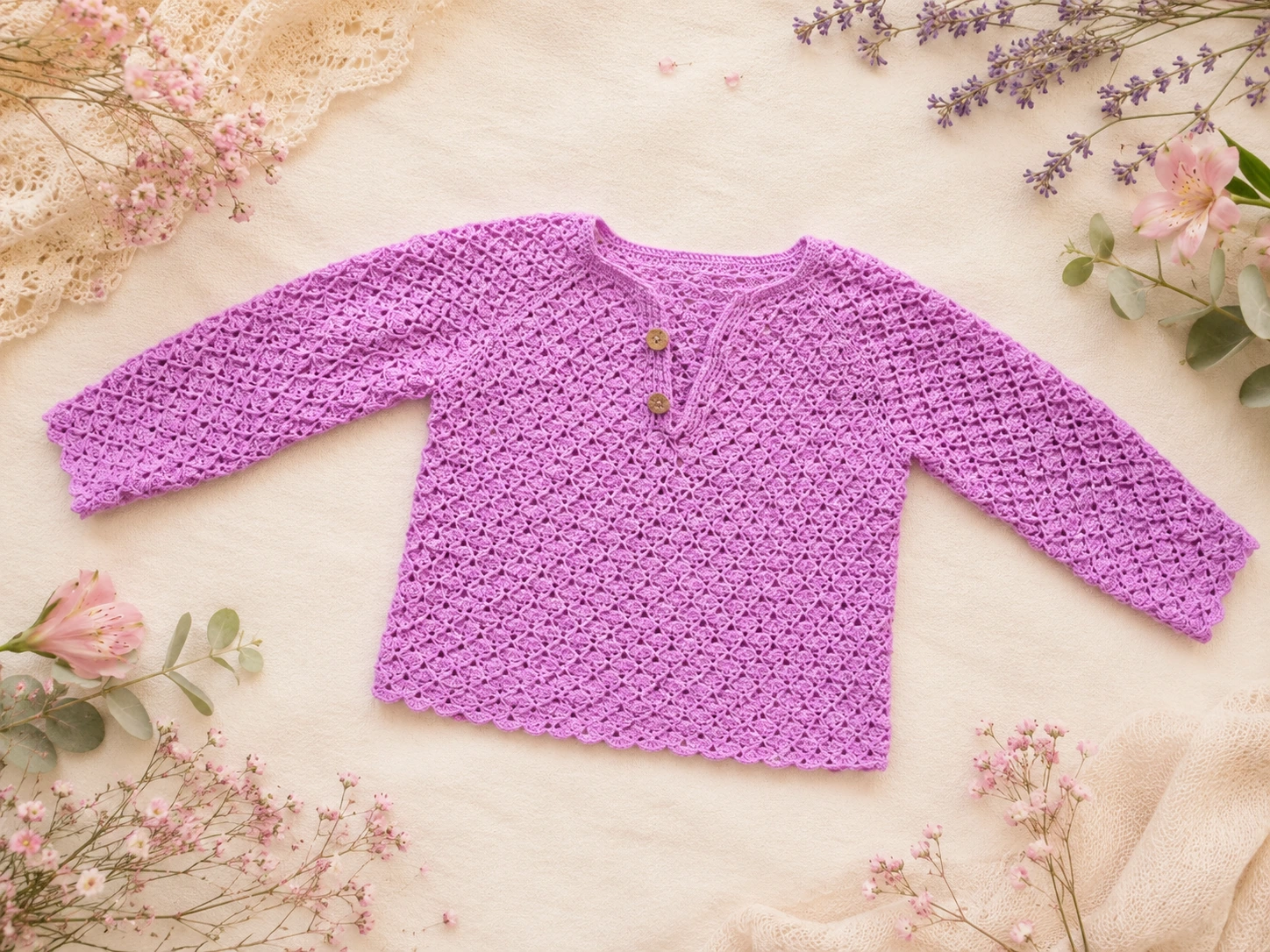 Sweater de mujer tejido a crochet color palo de rosa en presentación horizontal con flores delicadas
